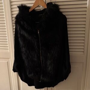 Cliche Black Faux Fur Wool Blend Hooded Sweater Jacket